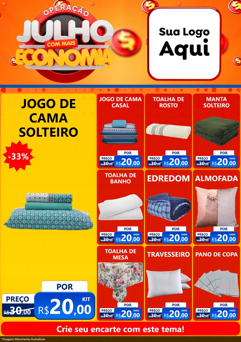 Modelo de Encarte para Encarte A4 Vertical com o tema Operação Julho Com Mais Economia para Cama, Mesa e Banho