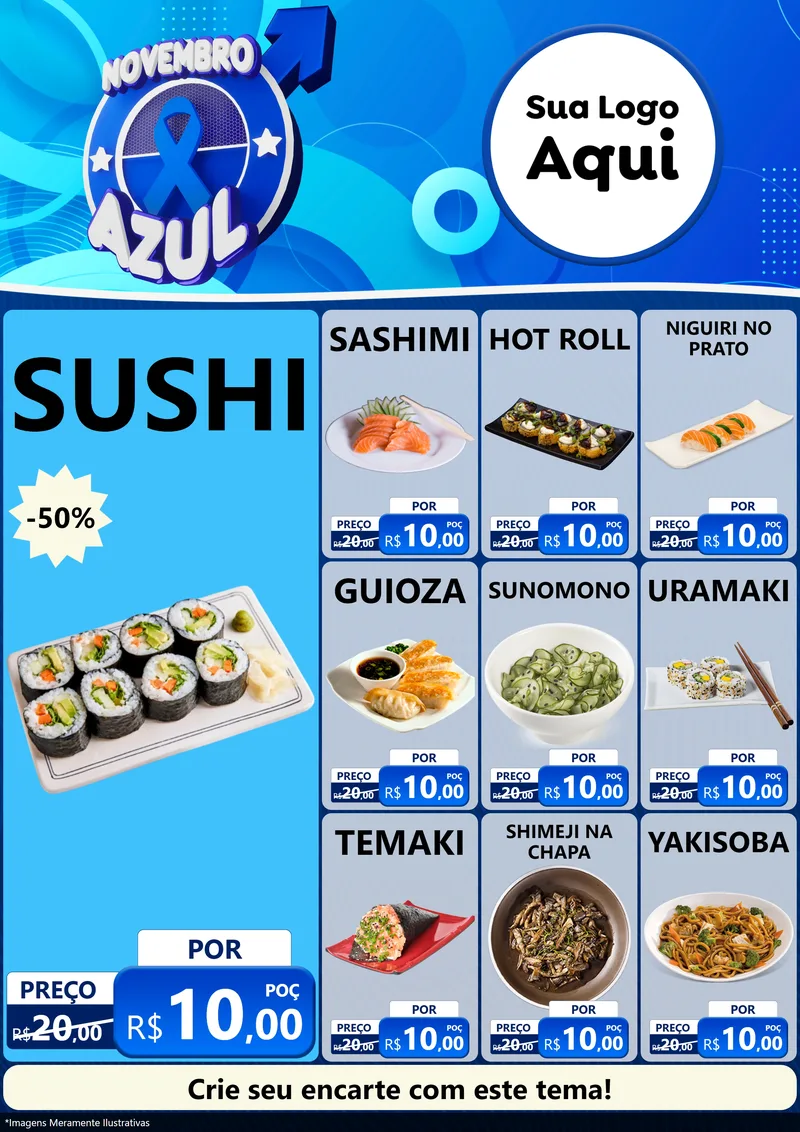 Modelo de Encarte para Encarte A4 Vertical com o tema Novembro Azul para Comida japonesa