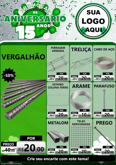 Modelo de Encarte para Encarte A4 Vertical com o tema Promoção de Aniversário - 15 Anos para Ferragens