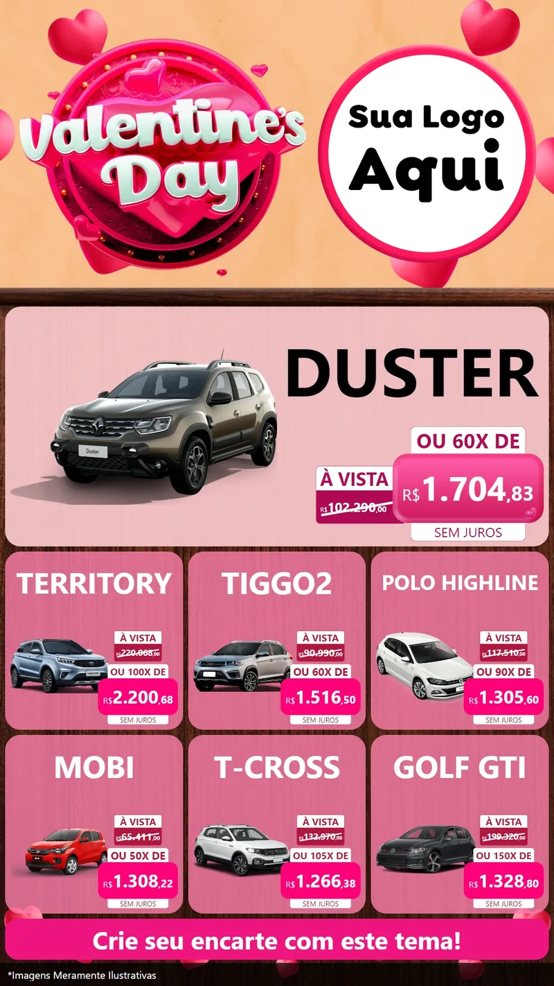 Modelo de Rede Social para Stories com o tema Valentine's Day para Concessionaria de Carros
