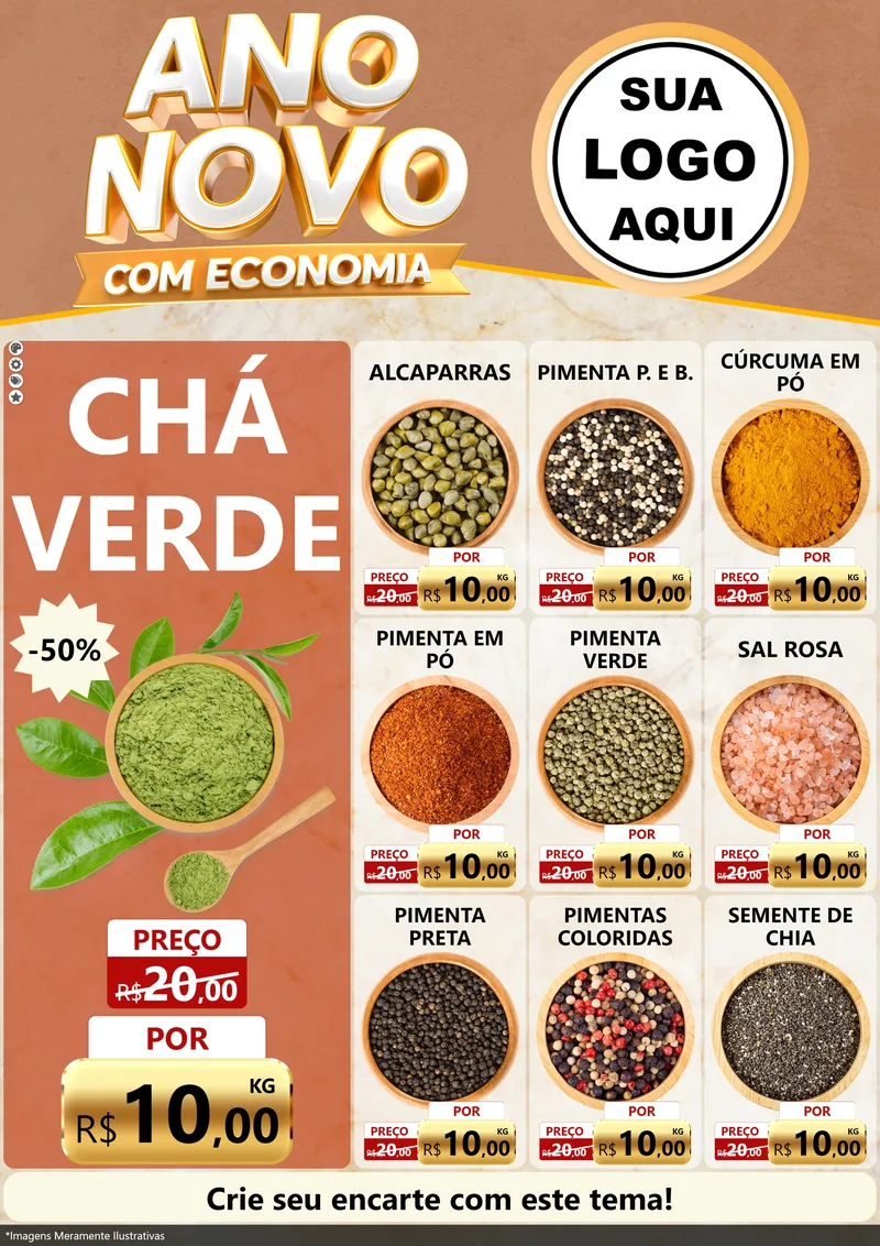 Modelo de Encarte para Encarte A4 Vertical com o tema Ano Novo Com Economia para Produtos Naturais