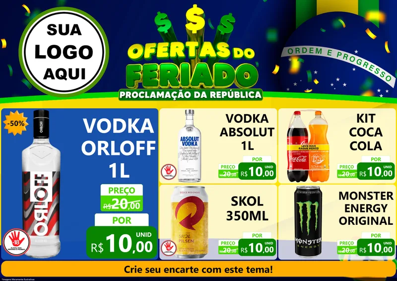 Modelo de Encarte para Encarte A4 Horizontal com o tema Ofertas do Feriado - Proclamação da República para Distribuidora de bebidas