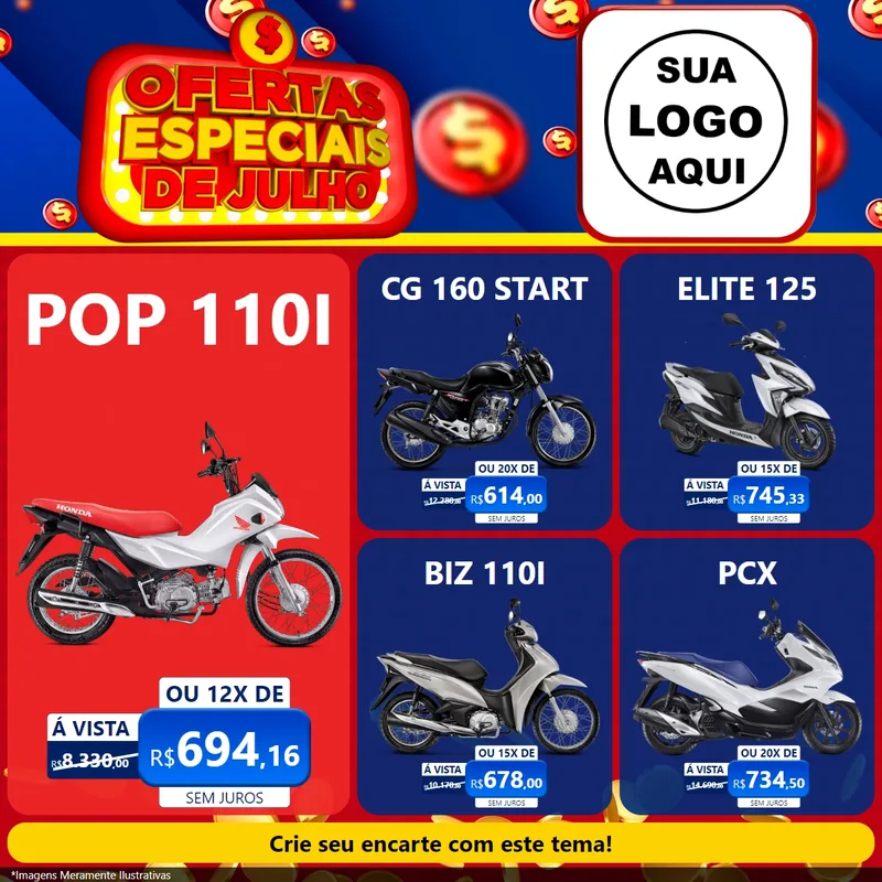 Modelo de Rede Social para Feed Facebook com o tema Ofertas Especiais de Julho para Concessionaria de Motos