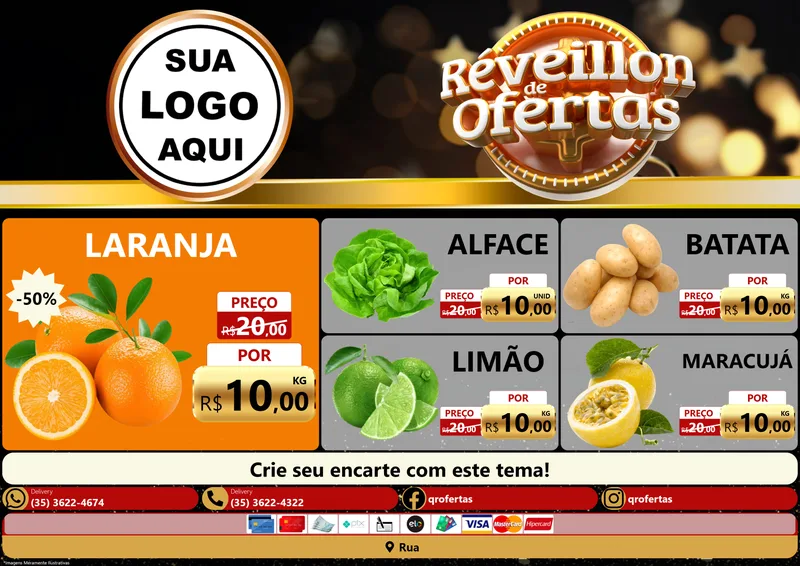Modelo de Encarte para Encarte A4 Horizontal com o tema Réveillon de Ofertas para Hortifrúti