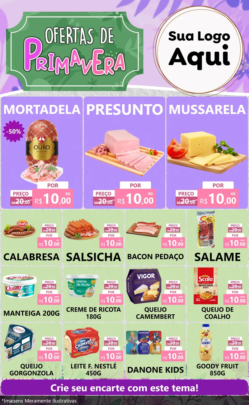 Modelo de Encarte para Encarte Grande com o tema Ofertas de Primavera para Frios e Laticínios