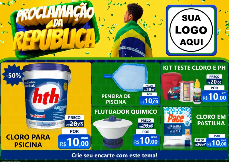 Modelo de Encarte para Encarte A4 Horizontal com o tema Proclamação da República para Produtos para Piscina