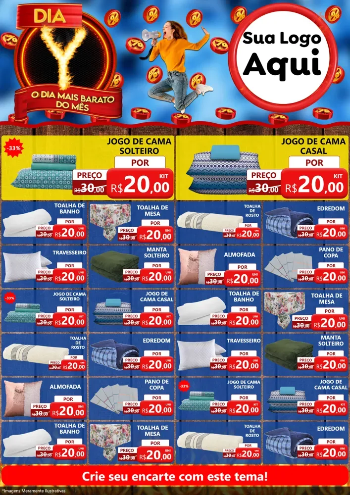 Modelo de Encarte para Encarte A4 Vertical com o tema Dia Y - O Dia Mais Barato Do Mês para Cama, Mesa e Banho