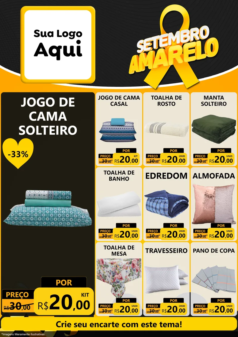 Modelo de Encarte para Encarte A4 Vertical com o tema Setembro Amarelo para Cama, Mesa e Banho