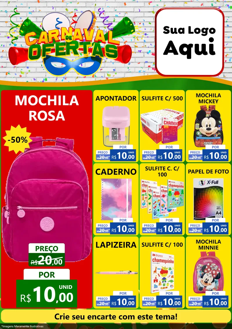 Modelo de Encarte para Encarte A4 Vertical com o tema Carnaval de Ofertas para Papelaria
