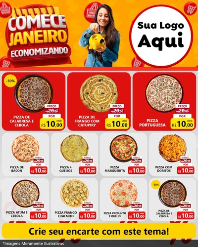 Modelo de Rede Social para Feed Instagram com o tema Comece Janeiro Economizando para Pizzaria