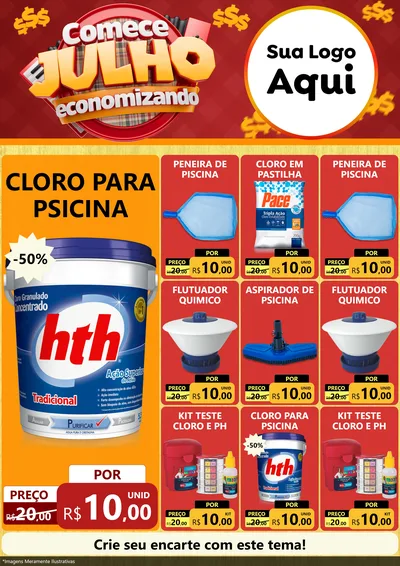 Modelo de Encarte para Encarte A4 Vertical com o tema Comece Julho Economizando para Produtos para Piscina