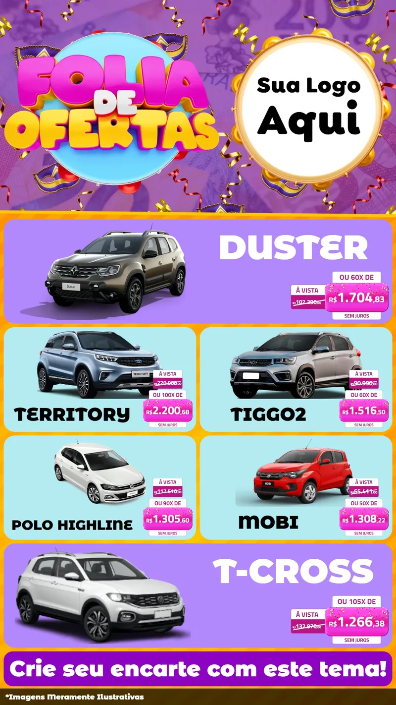 Modelo de TV para TV Vertical com o tema Folia de Ofertas para Concessionaria de Carros