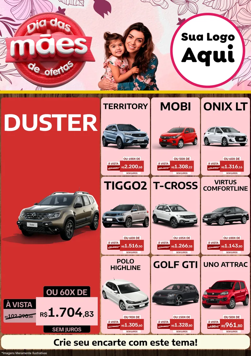 Modelo de Encarte para Encarte A4 Vertical com o tema Dia Das Mães De Ofertas para Concessionaria de Carros