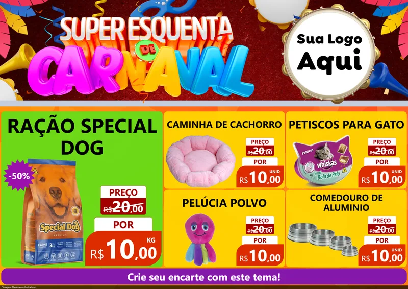 Modelo de Encarte para Encarte A4 Horizontal com o tema Super Esquenta de Carnaval para Pet Shop