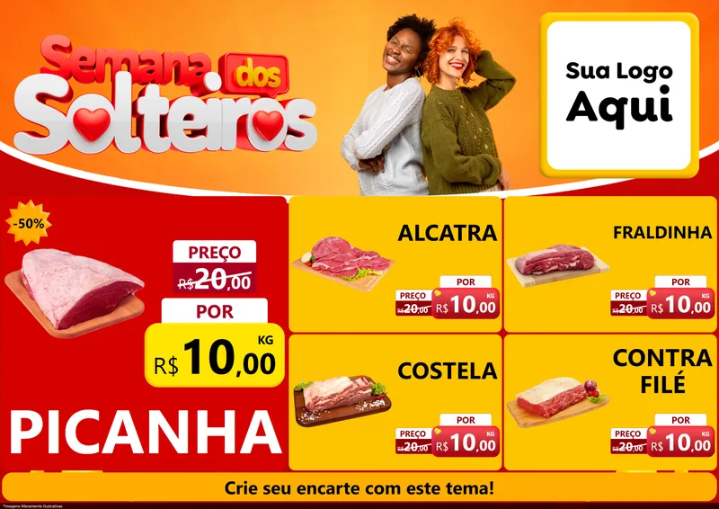Modelo de Encarte para Encarte A4 Horizontal com o tema Semana dos Solteiros para Açougue