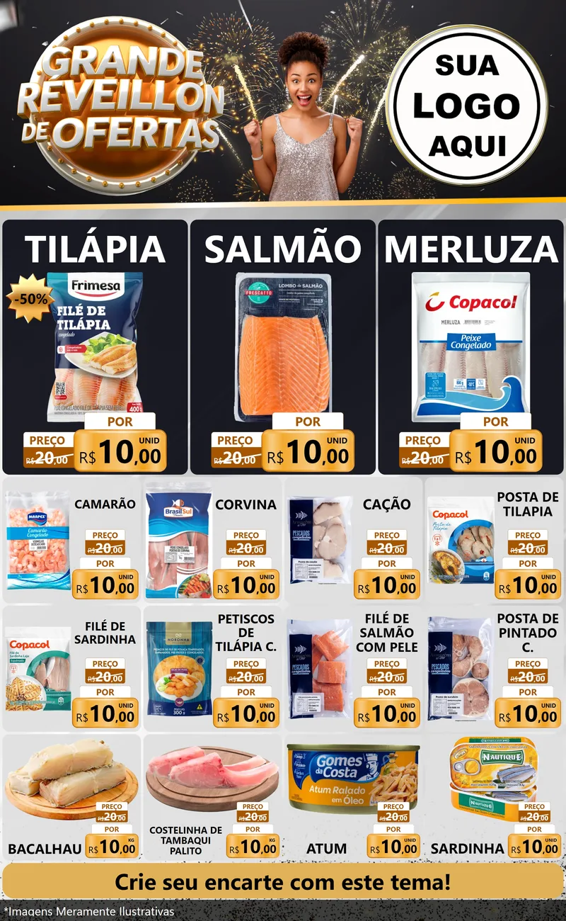Modelo de Encarte para Encarte Grande com o tema Grande Réveillon de Ofertas para Peixaria