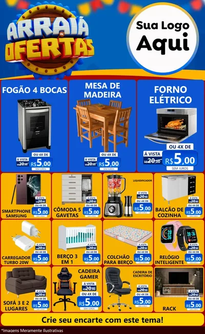 Modelo de Encarte para Encarte Grande com o tema Arraiá de Ofertas - Junina para Móveis e Eletro