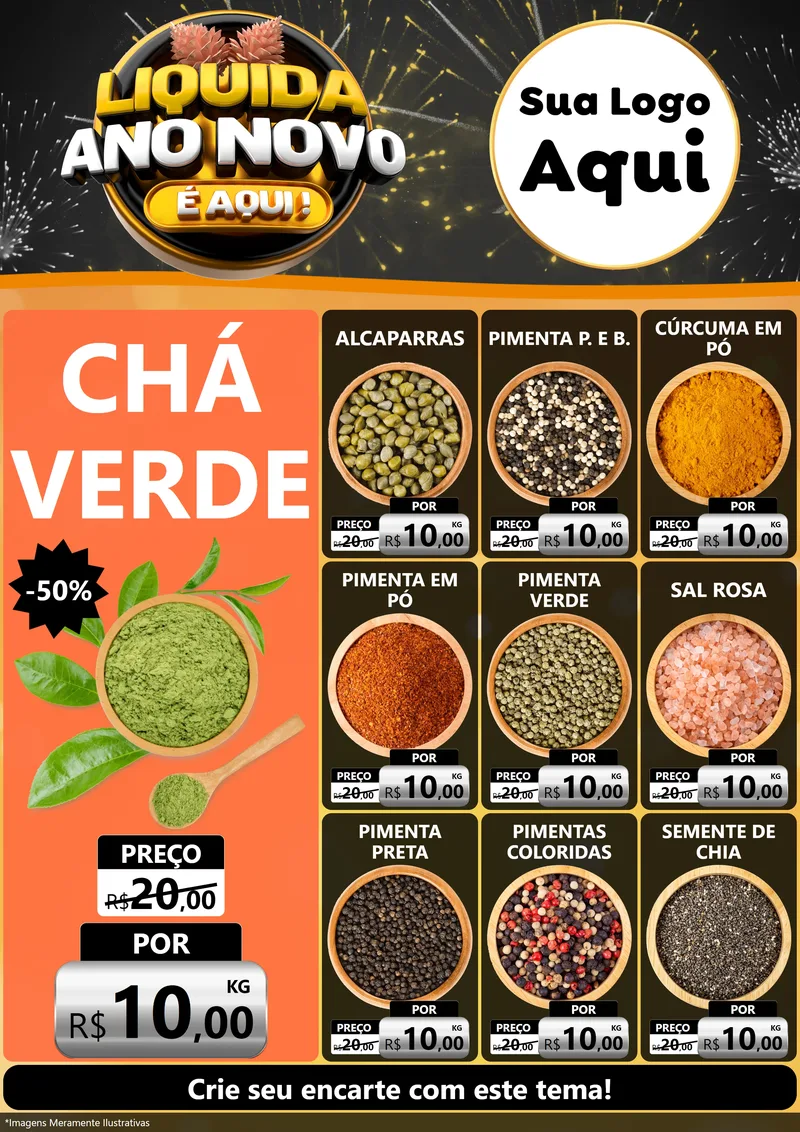 Modelo de Encarte para Encarte A4 Vertical com o tema Liquida Ano Novo É Aqui! para Produtos Naturais
