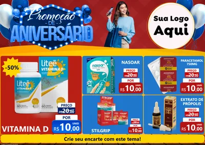 Modelo de Encarte para Encarte A4 Horizontal com o tema Promoção de Aniversário para Farmácia