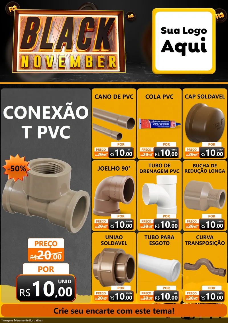 Modelo de Encarte para Encarte A4 Vertical com o tema Black November para Tubos e conexões