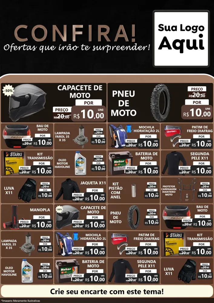 Modelo de Encarte para Encarte A4 Vertical com o tema Confira! Ofertas que irão te surpreender! para Moto peças