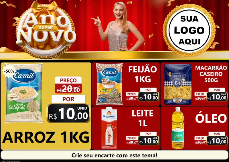 Modelo de Encarte para Encarte A4 Horizontal com o tema Super Ano Novo para Supermercado