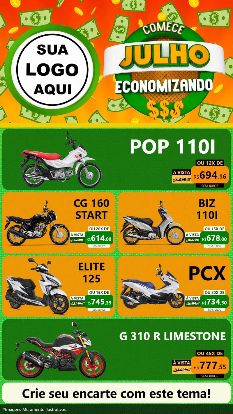 Modelo de TV para TV Vertical com o tema Comece Julho Economizando para Concessionaria de Motos