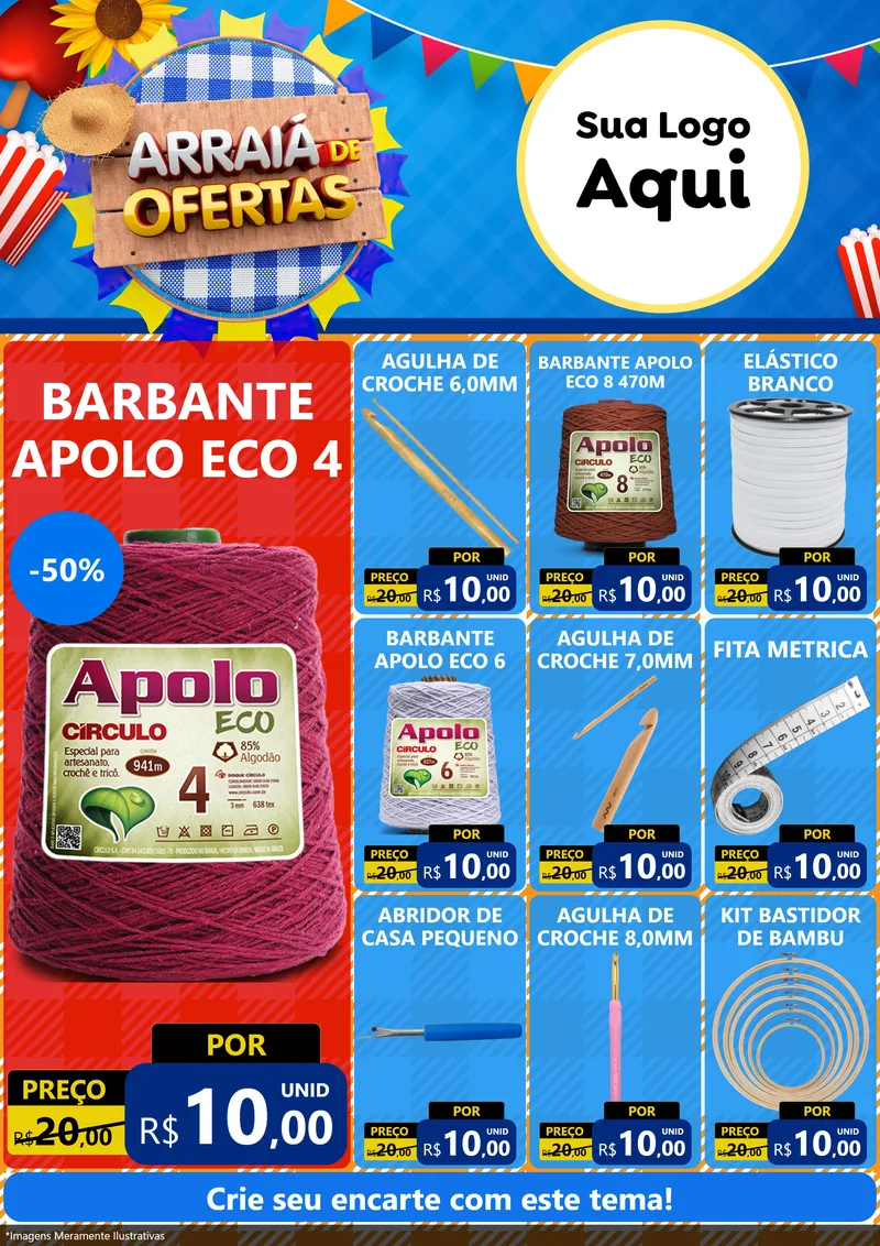 Modelo de Encarte para Encarte A4 Vertical com o tema Arraiá de Ofertas para Armarinho e Aviamentos