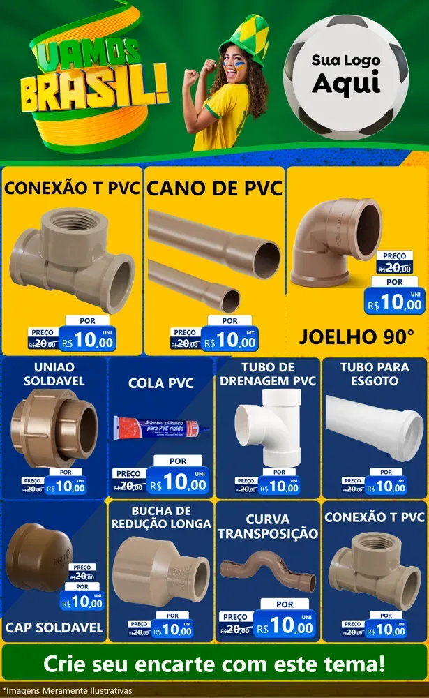 Modelo de Encarte para Encarte Grande com o tema Vamos Brasil - Copa para Tubos e conexões