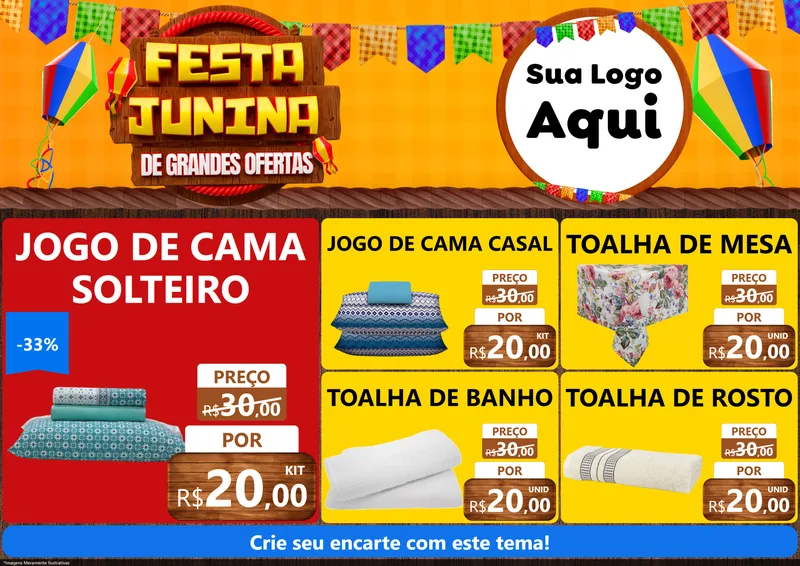 Modelo de Encarte para Encarte A4 Horizontal com o tema Festa Junina de Grandes Ofertas para Cama, Mesa e Banho