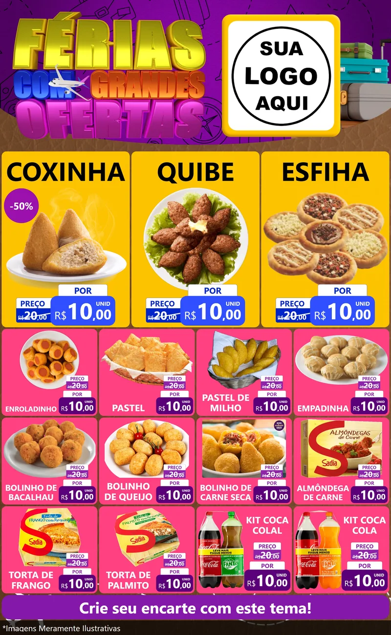 Modelo de Encarte para Encarte Grande com o tema Férias com Grandes Ofertas para Salgadaria