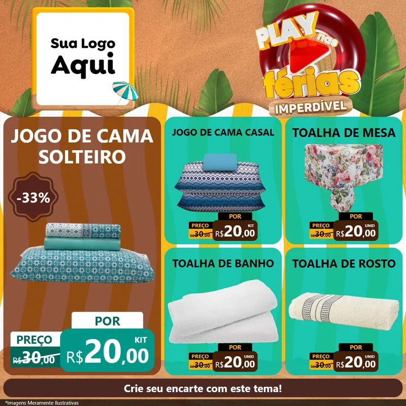 Modelo de Rede Social para Feed Facebook com o tema Play Nas Férias Imperdível para Cama, Mesa e Banho