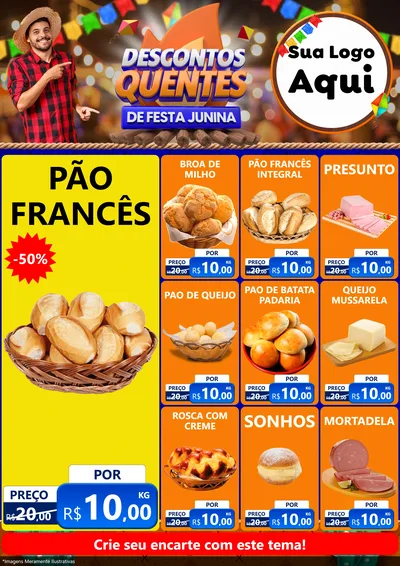 Modelo de Encarte para Encarte A4 Vertical com o tema Descontos Quentes de Festa Junina para Padaria