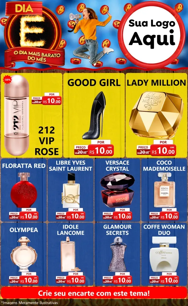 Modelo de Encarte para Encarte Grande com o tema Dia E - O Dia Mais Barato Do Mês para Perfumes