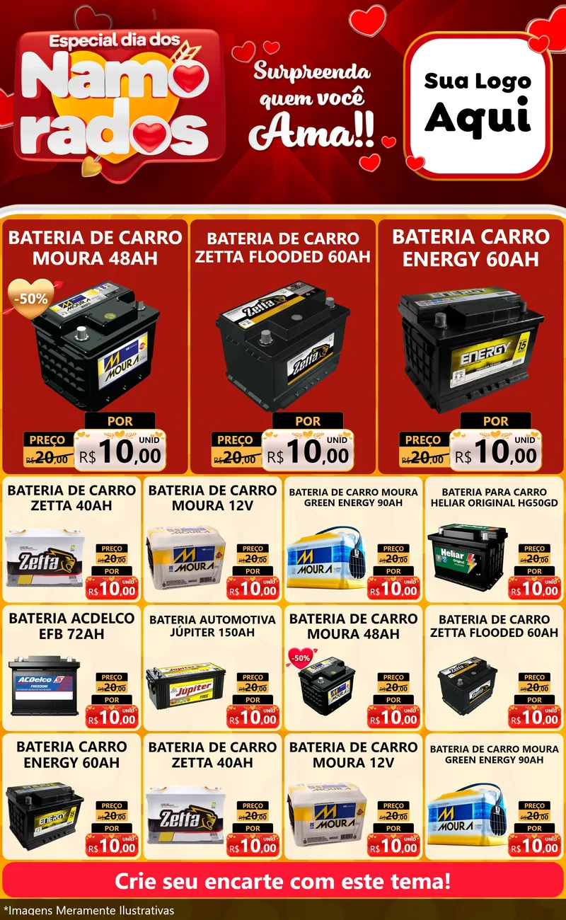 Modelo de Encarte para Encarte Grande com o tema Especial Dia dos Namorados para Baterias Elétricas