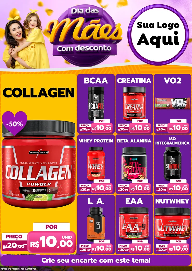 Modelo de Encarte para Encarte A4 Vertical com o tema Dia das Mães com Desconto para Suplementos alimentares