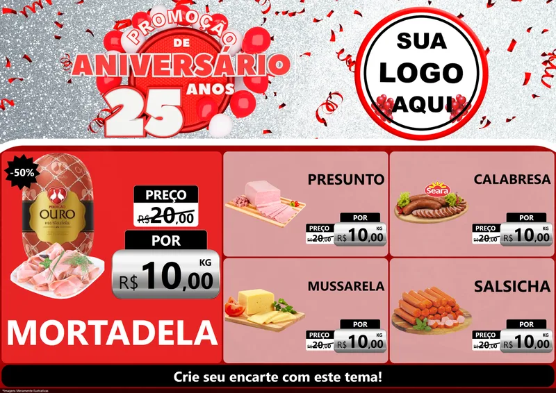 Modelo de Encarte para Encarte A4 Horizontal com o tema Promoção de Aniversário - 25Anos para Frios e Laticínios