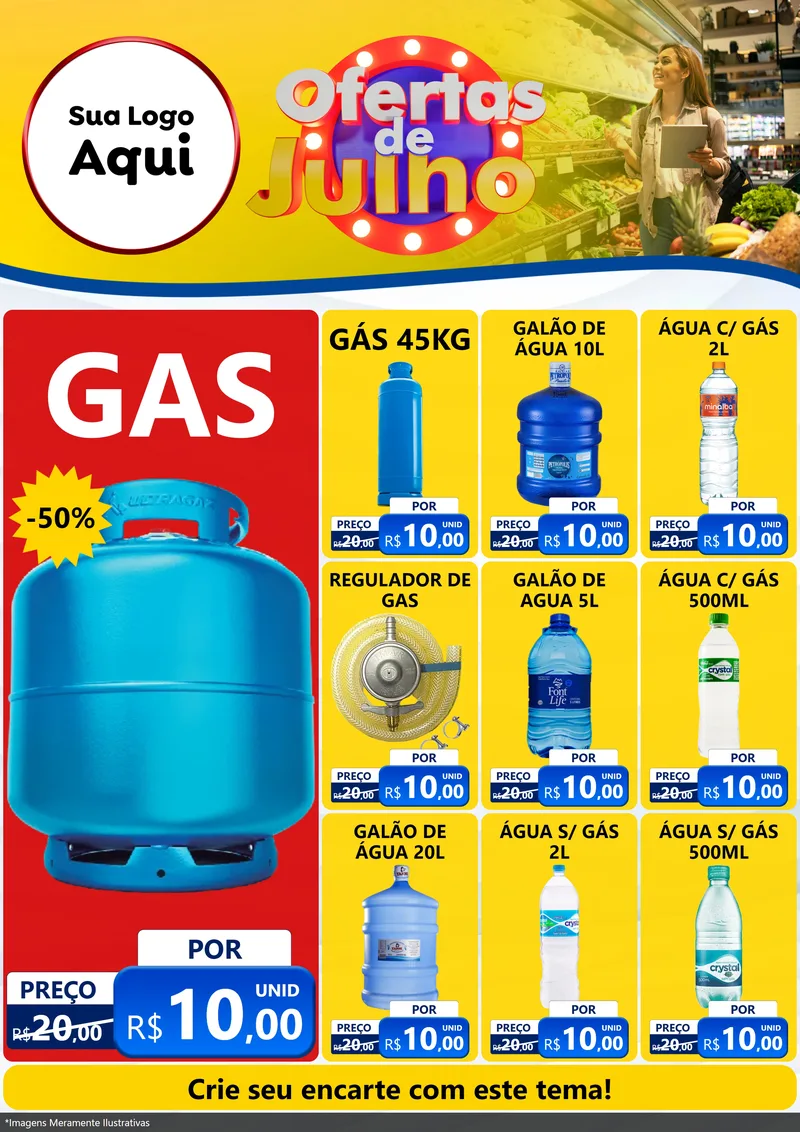 Modelo de Encarte para Encarte A4 Vertical com o tema Ofertas de Julho para Água e gás