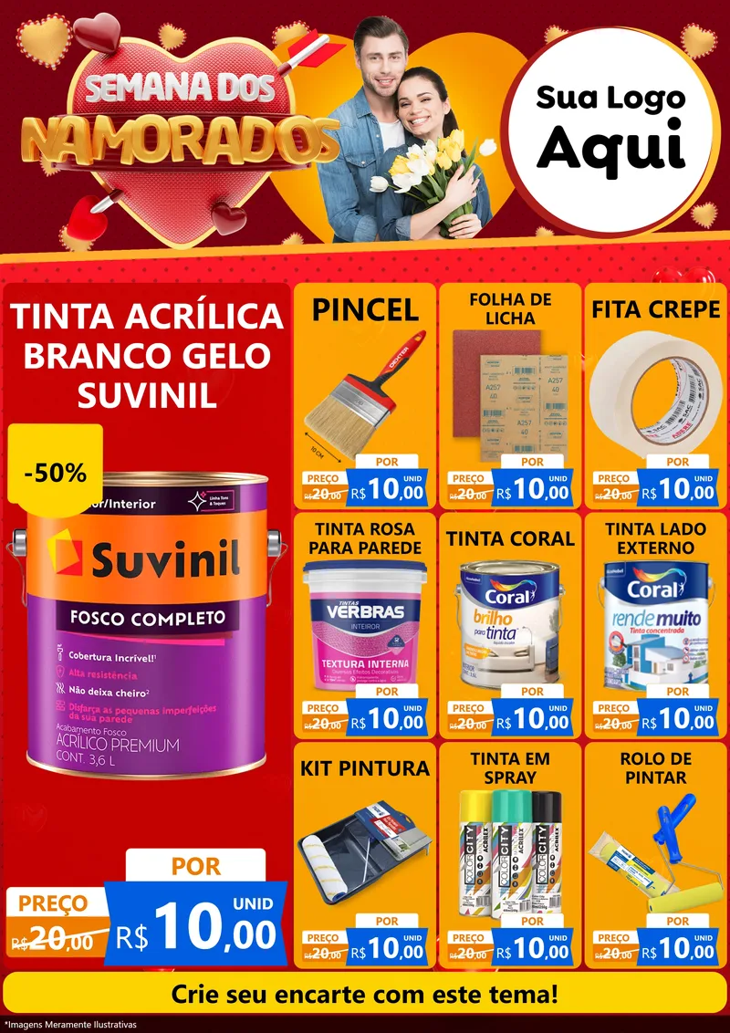 Modelo de Encarte para Encarte A4 Vertical com o tema Semana dos Namorados para Tintas e Ferramentas