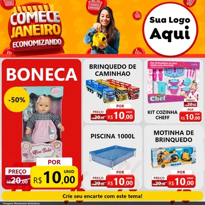Modelo de Rede Social para Feed Facebook com o tema Comece Janeiro Economizando para Brinquedos