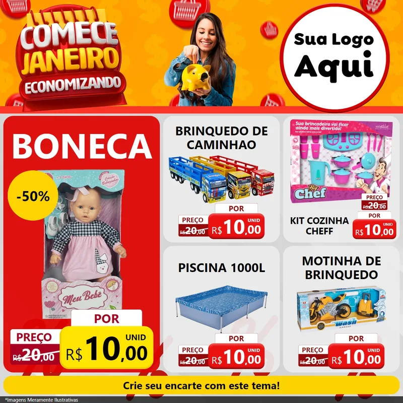 Modelo de Rede Social para Feed Facebook com o tema Comece Janeiro Economizando para Brinquedos