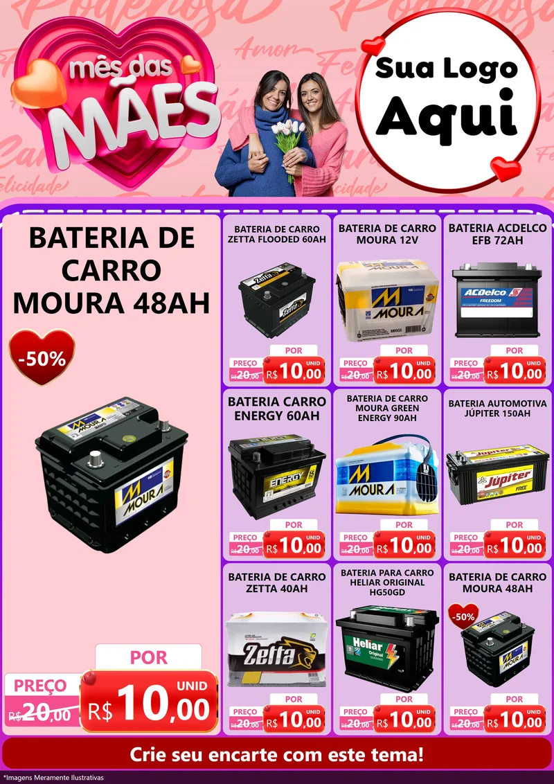 Modelo de Encarte para Encarte A4 Vertical com o tema Mês Das Mães para Baterias Elétricas