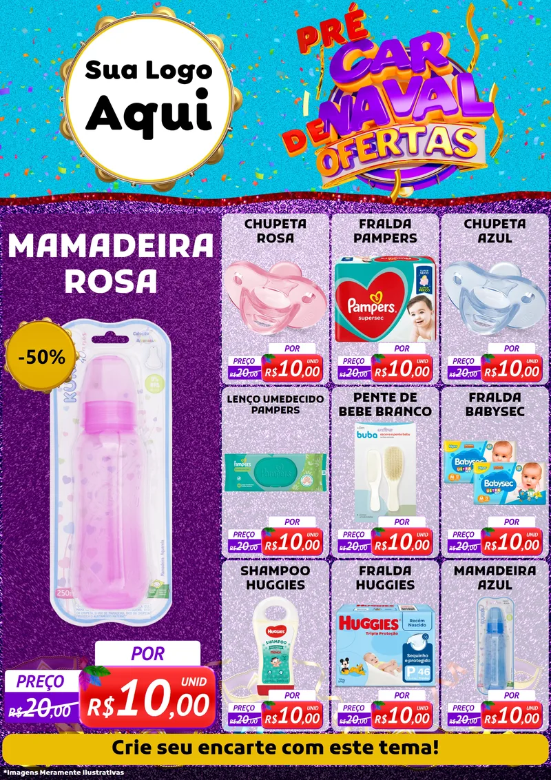 Modelo de Encarte para Encarte A4 Vertical com o tema Pré Carnaval de Ofertas para Bebês