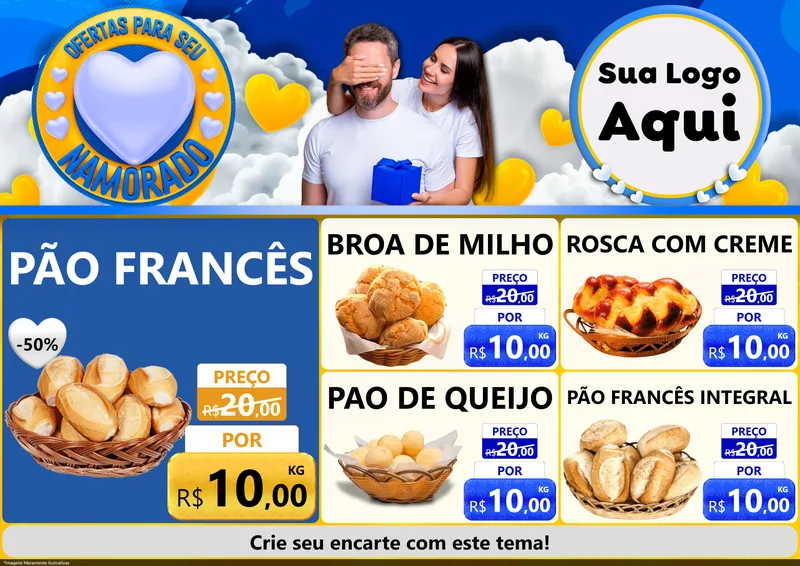 Modelo de Encarte para Encarte A4 Horizontal com o tema Ofertas Para Seu Namorado para Padaria