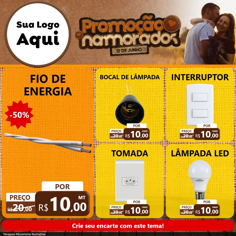 Modelo de Rede Social para Feed Facebook com o tema Promoção Namorados para Materiais Elétricos