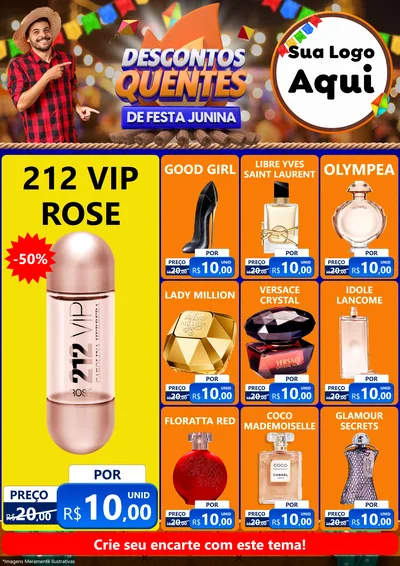 Modelo de Encarte para Encarte A4 Vertical com o tema Descontos Quentes de Festa Junina para Perfumes