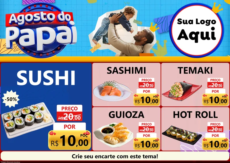 Modelo de Encarte para Encarte A4 Horizontal com o tema Agosto do Papai para Comida japonesa