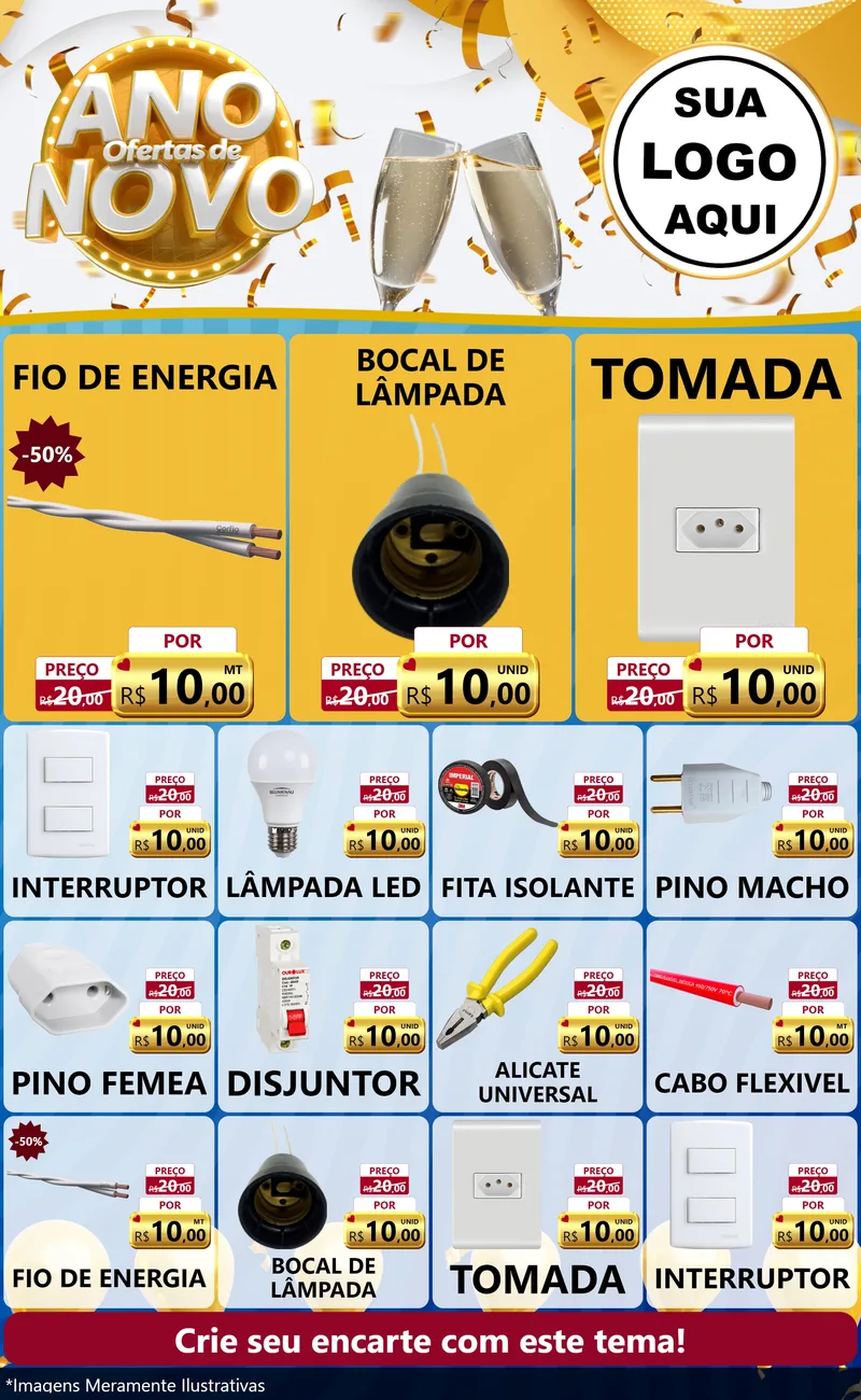 Modelo de Encarte para Encarte Grande com o tema Ofertas de Ano Novo para Materiais Elétricos