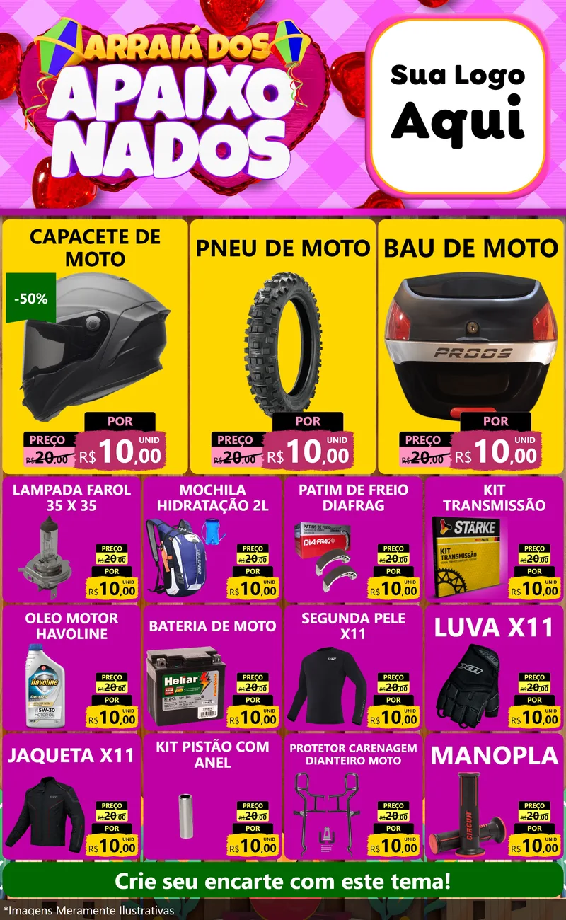 Modelo de Encarte para Encarte Grande com o tema Arraiá dos Apaixonados para Moto peças