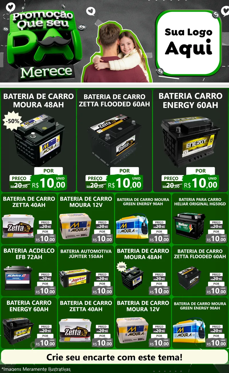 Modelo de Encarte para Encarte Grande com o tema Promoção Que seu Pai Merece para Baterias Elétricas